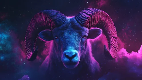 Cosmic ram glowing in dreamy neon starlit clouds.