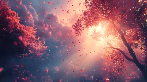 Radiant volumetric light piercing a crimson autumn canopy