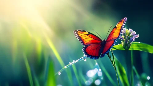 Sunlit butterfly resting softly in a dewy green meadow.