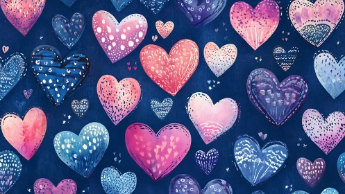 Whimsical Hearts Dance: Colorful Love Pattern Against Deep Blue