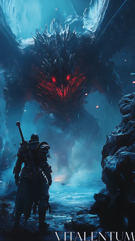 Armored warrior confronts fiery-eyed dragon in icy abyss