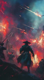 Samurai infantry silhouetted against incendiary night barrage