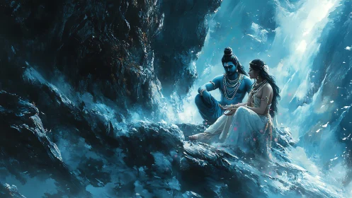 Divine lovers rest amid roaring blue celestial waterfalls.