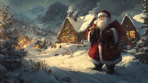 Snowbound Santa surveying illuminated alpine workshop village.