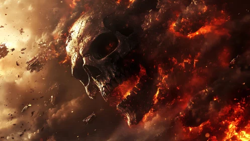 Infernal skull erupts through burning cosmic battlefield.