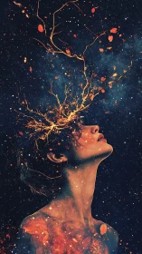 Surreal female portrait with fiery branches and stars.