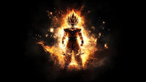 Fiery anime warrior ascends within blazing cosmic aura.