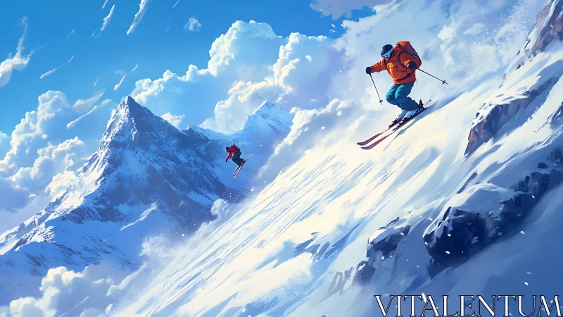 Skiers descending steep snowy mountain slope at speed.