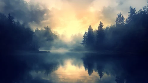 Misty conifer forest lake at sunrise with golden sky reflection.