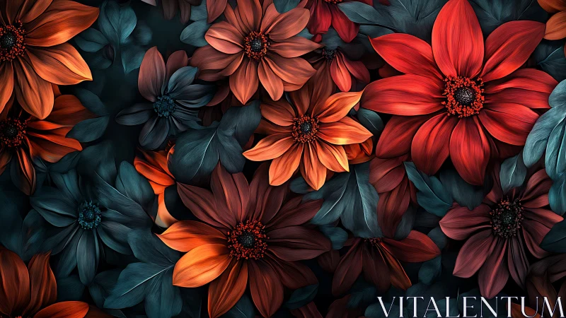 Digital botanical composition with layered floral elements exhibiting warm chromatic gradients and d
