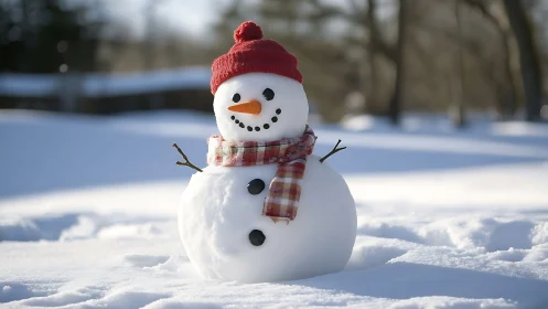 Cheerful snowman in a red hat brightening a sunny winter day.