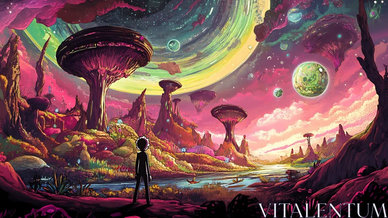 Cosmic alien valley under vast ringed sky at sunset.