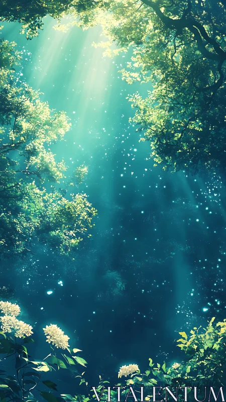 Sunlit forest canopy frames glowing particles in air