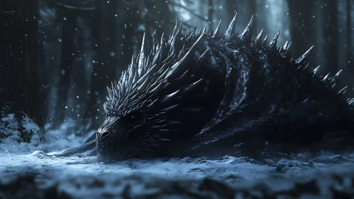 Spiked dragon curled in snowy, misted forest dusk scene.
