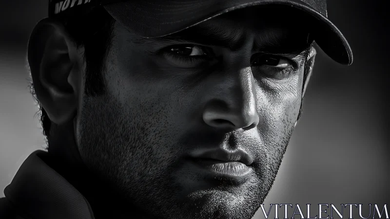 High-contrast monochrome close-up portrait in hard side-lighting.