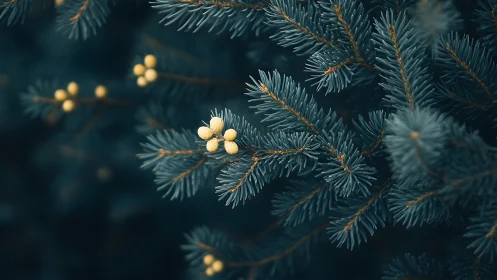 Macro study of conifer needles with nascent pollen cones.