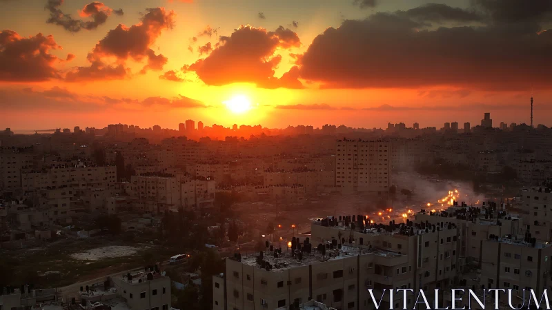 Urban skyline under dense clouds at low sun angle period.