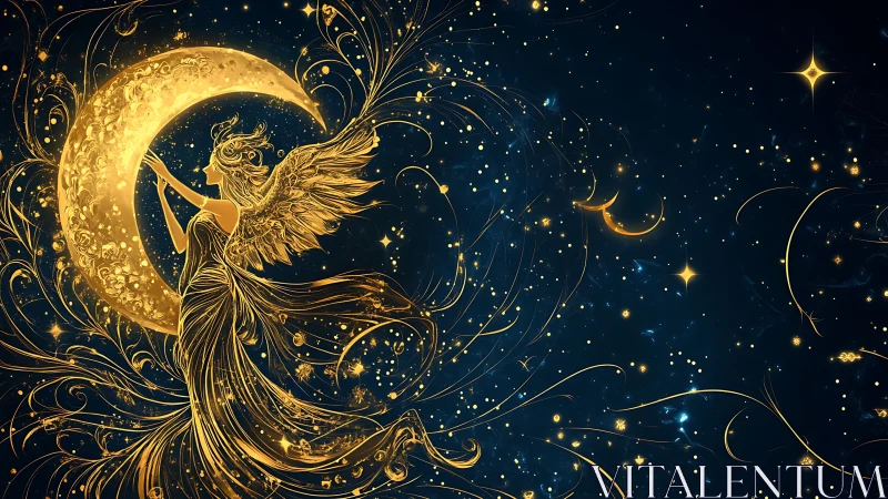 Celestial gold angel cradles crescent moon in starfield