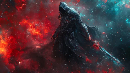 Hooded armored warrior with glowing sword in cosmic fire