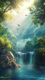 Sunlit forest waterfall pours into tranquil turquoise pool