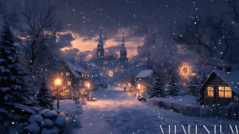 Snow covered village street illuminated by warm lights at dusk