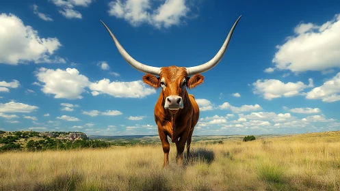 Majestic longhorn cow stands proud beneath a wide blue sky