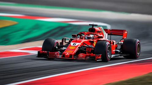 Red Formula 1 race car hugging a colorful high speed corner.