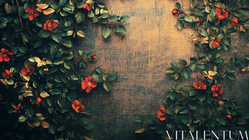 Red Nasturtiums Frame Weathered Wooden Surface