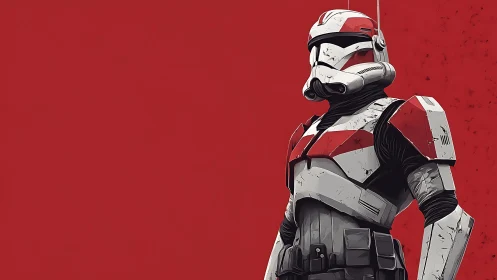 Crimson armored space soldier poised against bold red sky.