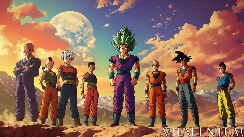 Group of anime fighters in rocky landscape at sunset.