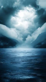 Stormlit fjord waters shimmer beneath dramatic clouds