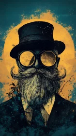 Steampunk gentleman silhouette under golden halo glow.