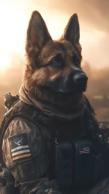 Photorealistic German shepherd in tactical combat gear at dawn