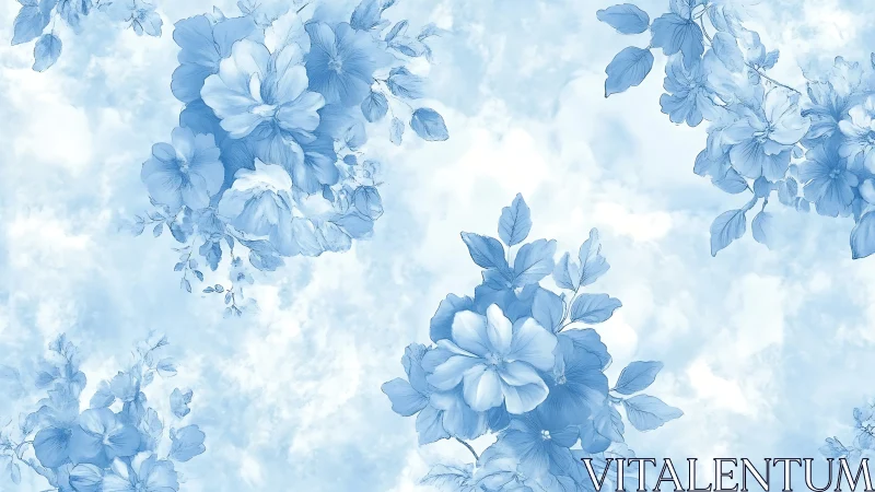 Cerulean Whispers: Delicate Floral Dreams Against Clouded Sky.