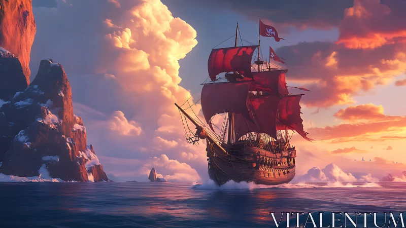 Crimson-sailed pirate galleon cuts through icy sunset seas