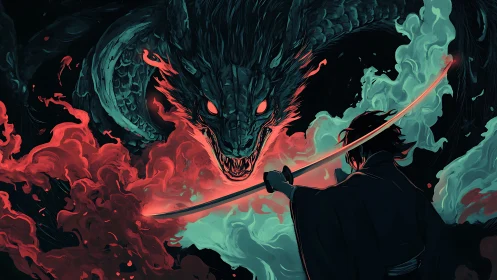 Sword-drawn sorcerer faces ember-eyed dragon in burning mist.