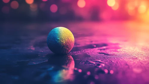 Iridescent sphere on wet surface with neon bokeh glow.