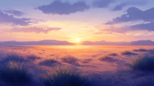Sunlit desert hush under lavender clouds at daybreak.