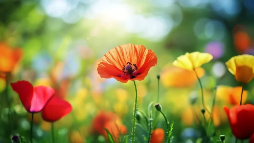 Vibrant Poppy Flowers Dance in Sunlit Garden Meadow