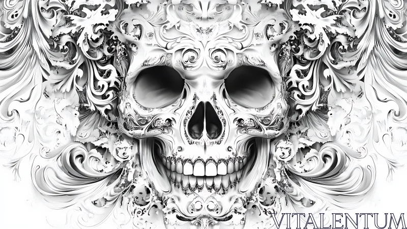 Baroque skull ornament in monochrome digital engraving style.