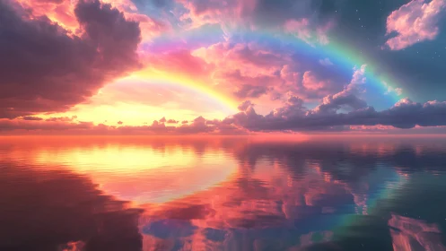 Rainbow sunset ignites mirrored ocean horizon with color.