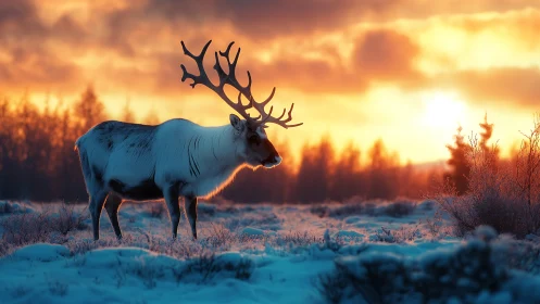 Reindeer silhouette in golden winter sunrise landscape.