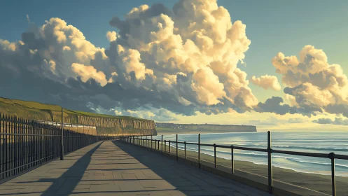 Coastal promenade under towering sunset clouds, serene view.