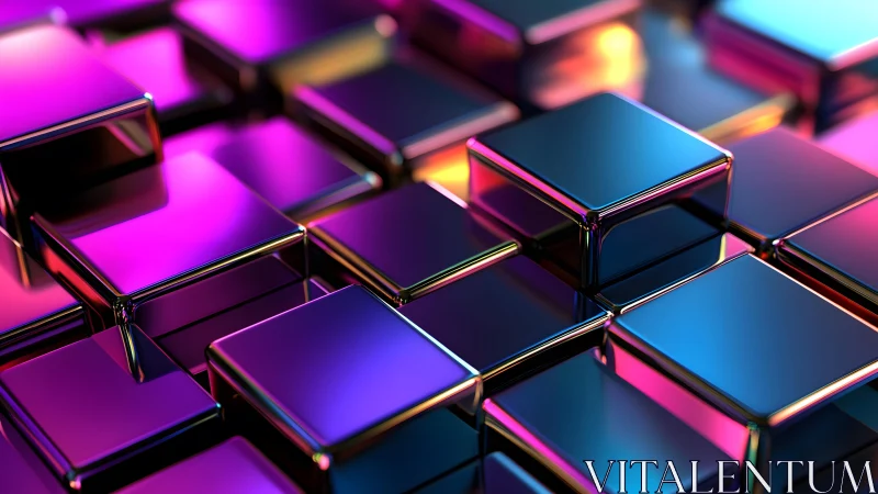 Chromed reflective cubes under neon gradient rim lighting field