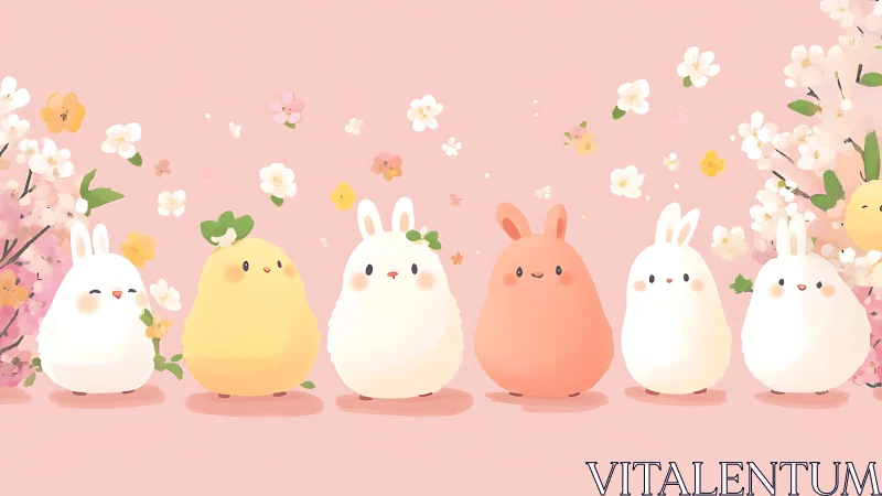 Soft bunny friends enjoy gentle blossoms and pastel spring