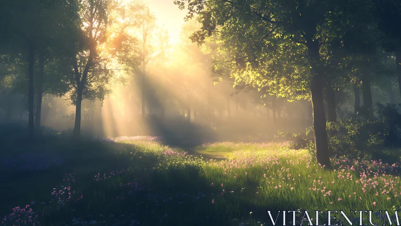 Sunlit forest clearing with wildflowers and filtered rays.