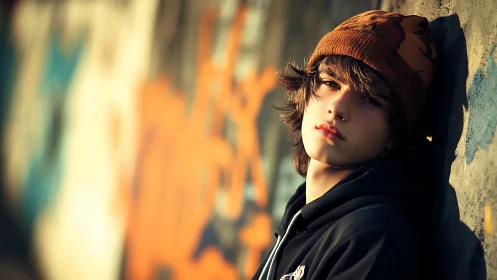 Urban portrait of pensive youth against bokeh graffiti wall