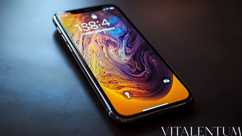 Modern smartphone with vibrant abstract liquid wallpaper display