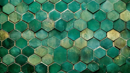 Emerald honeycomb wall of worn ceramic hexagon echoes.
