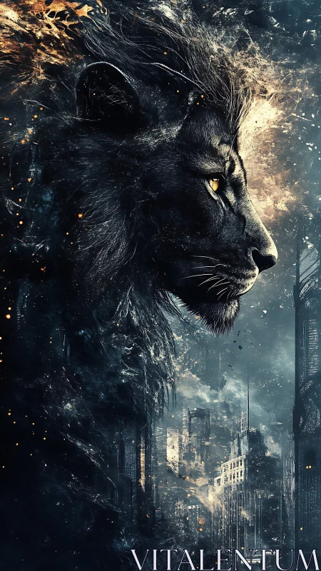 Ember-maned lion sentinel above a crumbling neon metropolis.